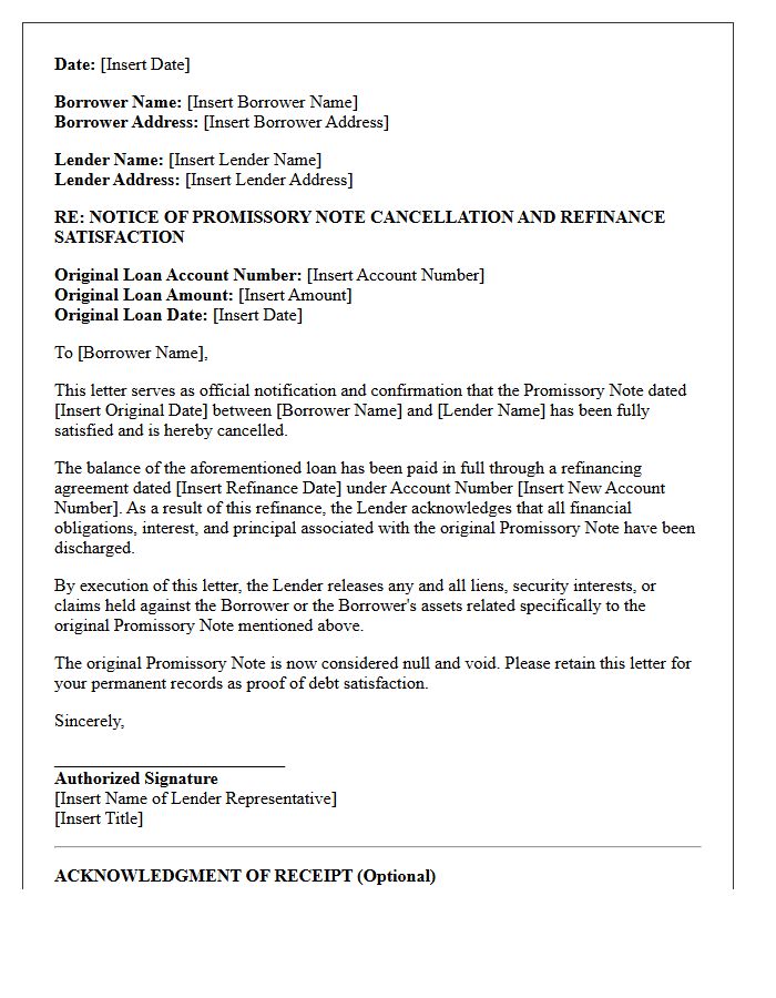 Promissory Note Cancellation and Refinance Satisfaction Letter