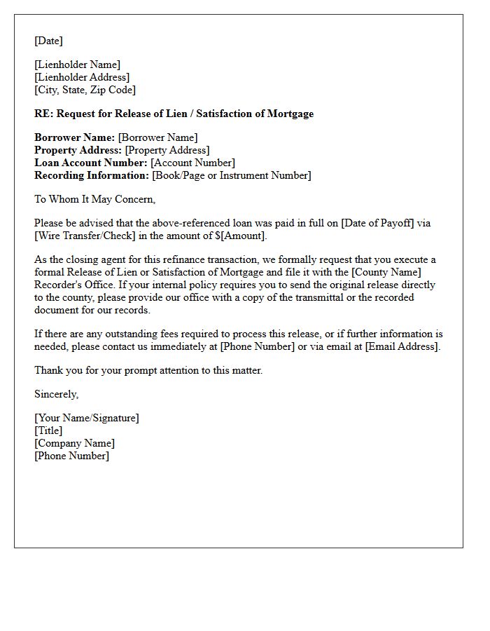Refinance Closing Agent Lien Release Letter
