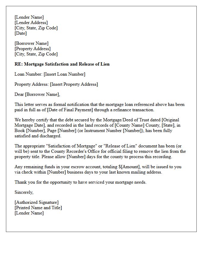 Standard Refinance Mortgage Satisfaction and Release Letter