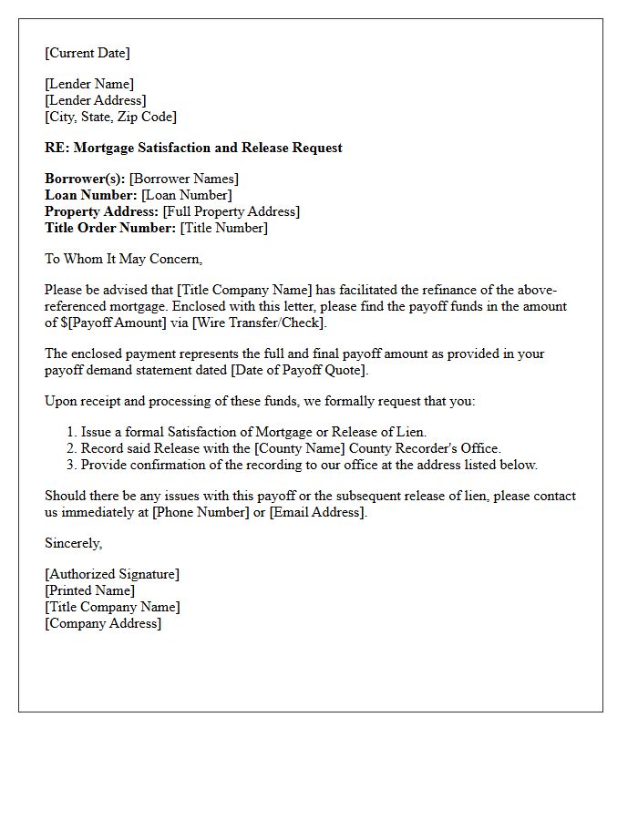 Title Company Refinance Mortgage Satisfaction Letter