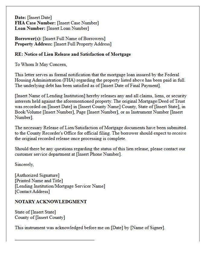 Federal Housing Administration Lien Release and Satisfaction Letter