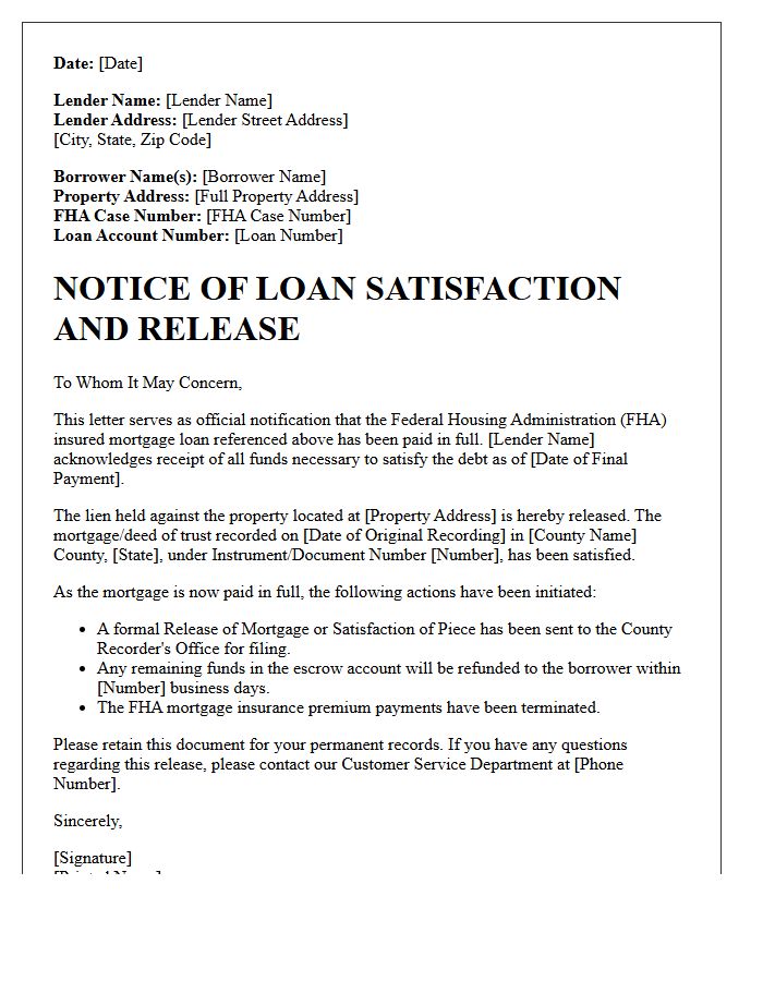 Federal Housing Administration Loan Satisfaction Letter
