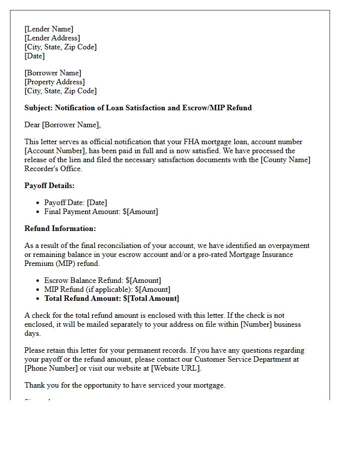 FHA Loan Payoff Satisfaction and Refund Notification Letter