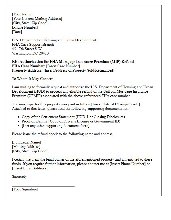 FHA Mortgage Insurance Premium Refund Authorization Letter