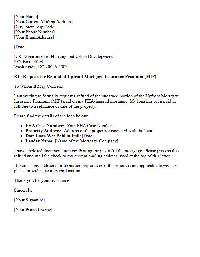 FHA Upfront Mortgage Insurance Premium Refund Request Letter