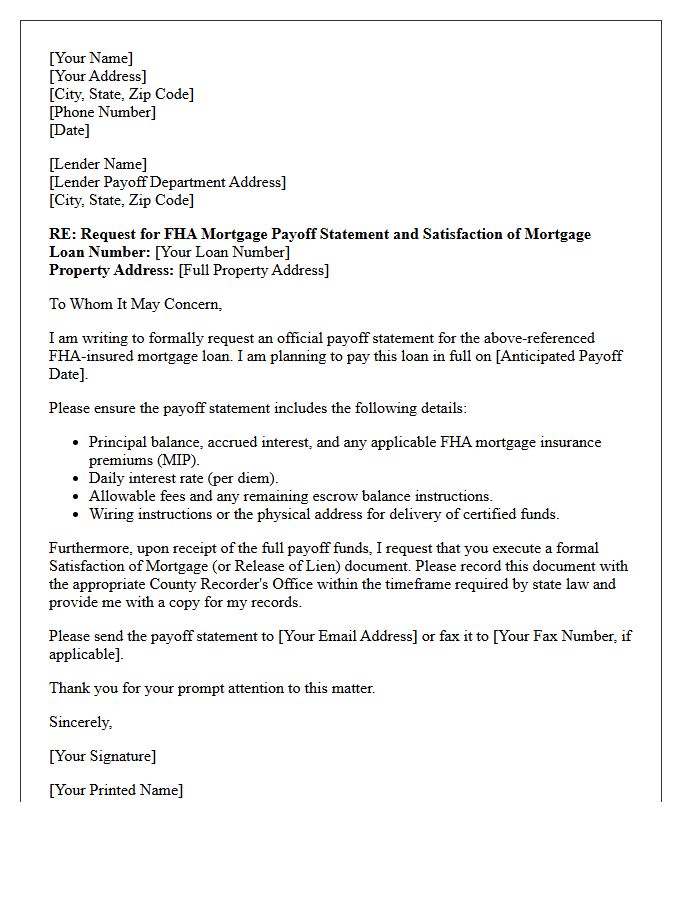 Mortgage Lender FHA Payoff and Satisfaction Letter