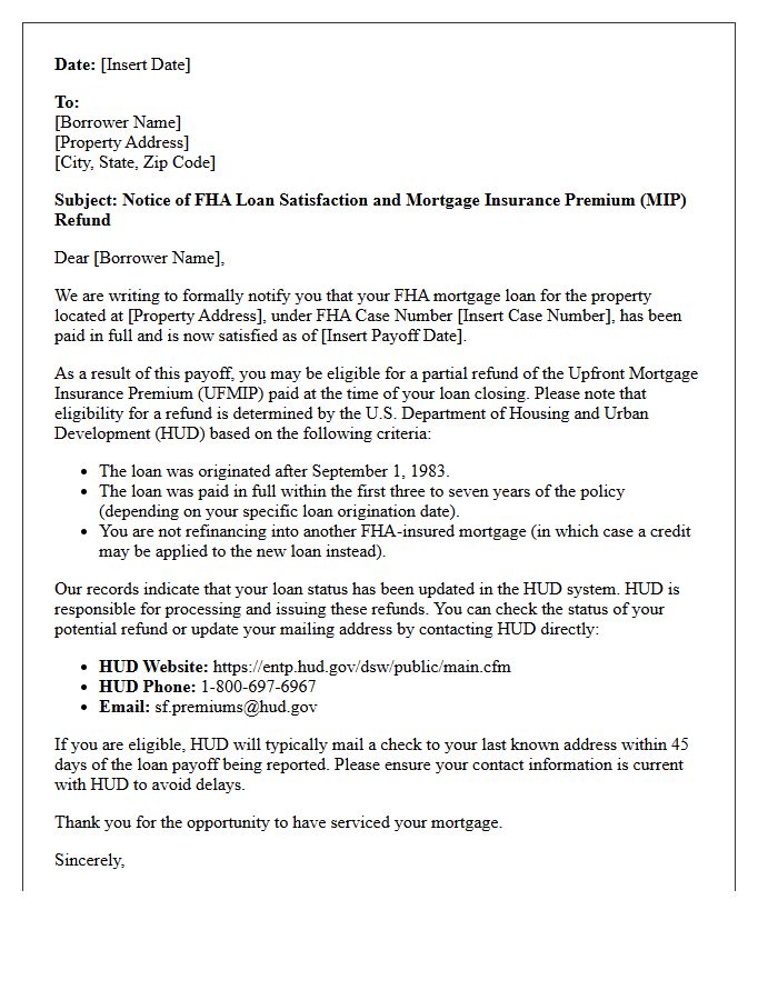 Notice of FHA Loan Satisfaction and Premium Refund Letter