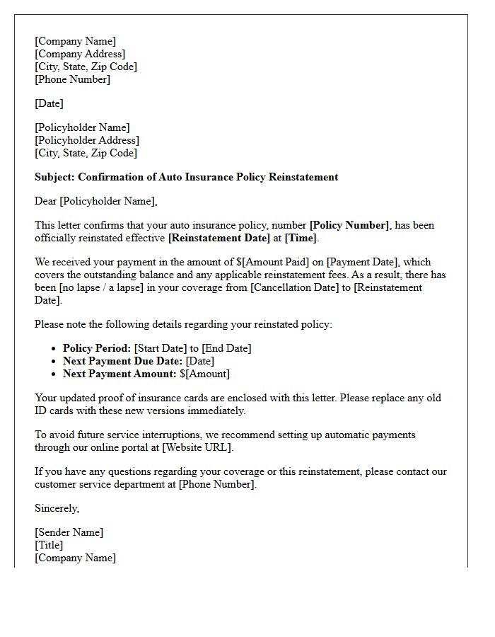 Auto Insurance Reinstatement After Non-Payment Confirmation Letter