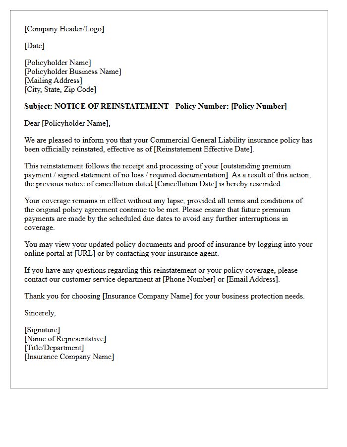 Commercial Liability Insurance Reinstatement Approval Letter