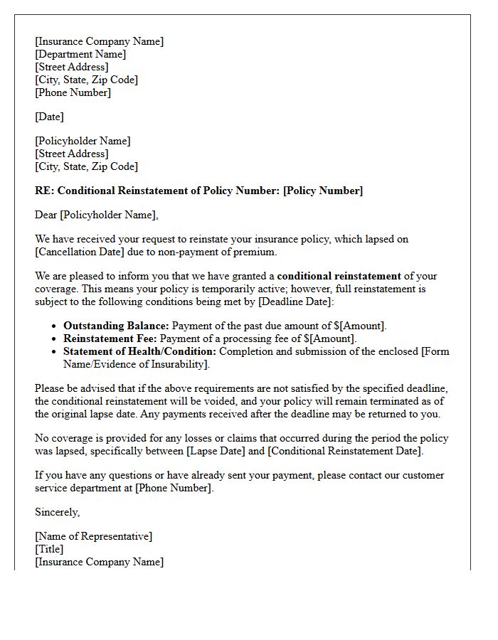 Conditional Reinstatement of Insurance Policy Letter