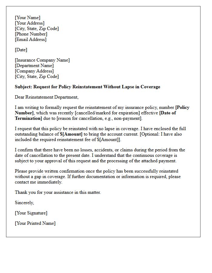 General Insurance Reinstatement Without Coverage Lapse Letter