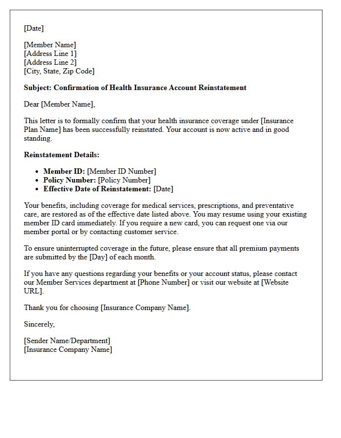 Health Insurance Account Reinstatement Confirmation Letter