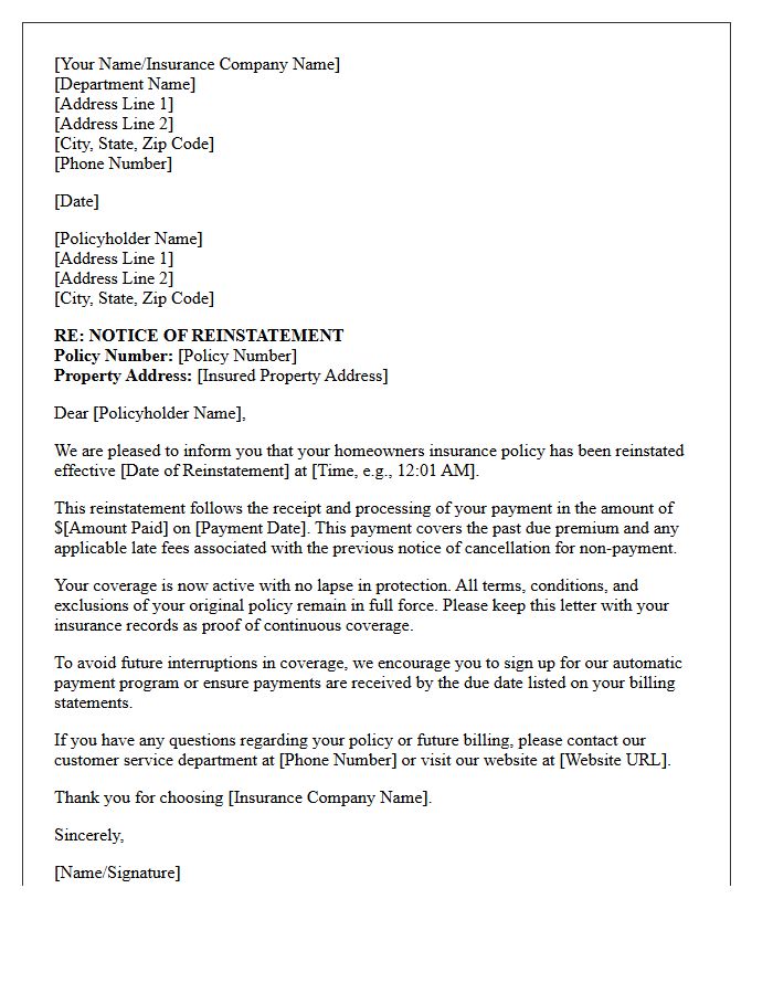 Homeowners Policy Reinstatement Following Payment Default Letter