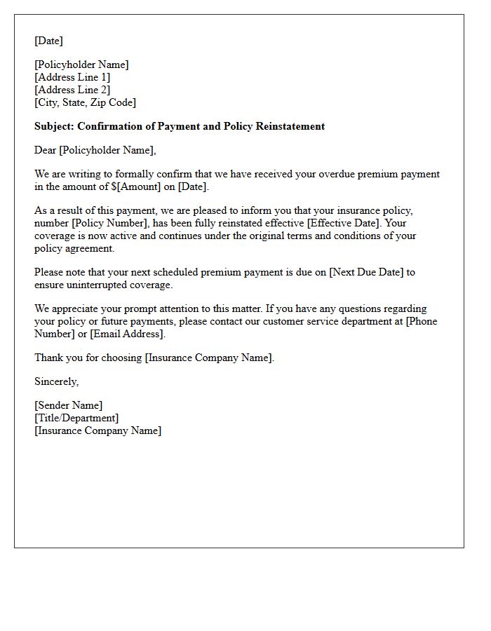 Letter of Confirmation for Overdue Premium Payment and Reinstatement