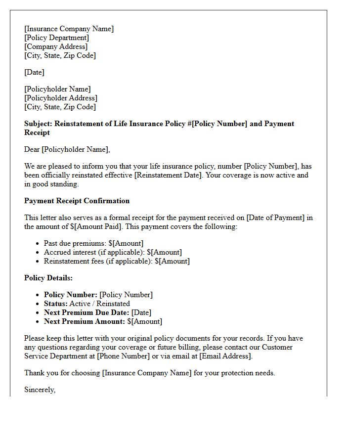 Life Insurance Coverage Reinstatement and Payment Receipt Letter
