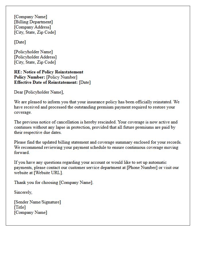Official Letter of Policy Reinstatement After Unpaid Premium Cancellation