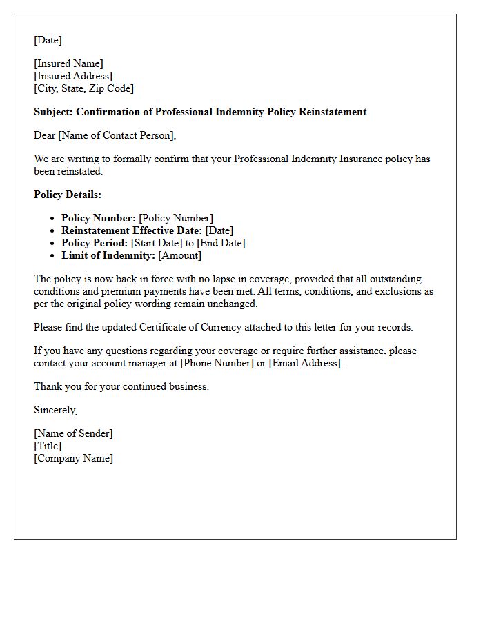 Professional Indemnity Policy Reinstatement Confirmation Letter