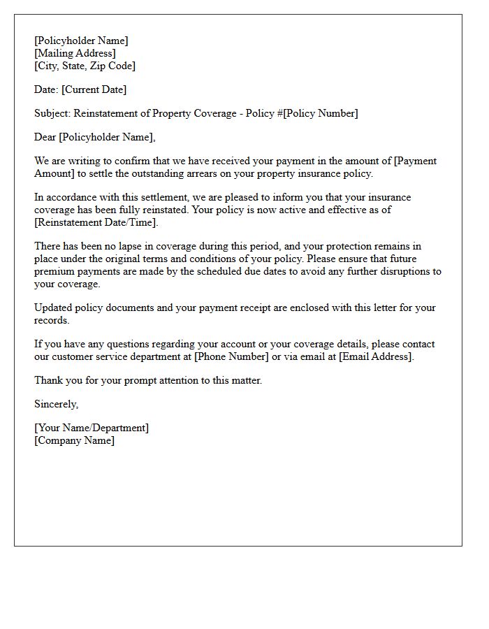 Property Coverage Reinstatement Following Arrears Settlement Letter