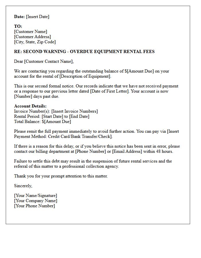 Debt Collection Second Warning Letter For Equipment Rental Fees