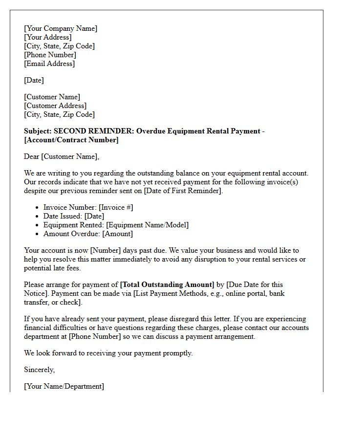 Equipment Rental Arrears Second Reminder Letter
