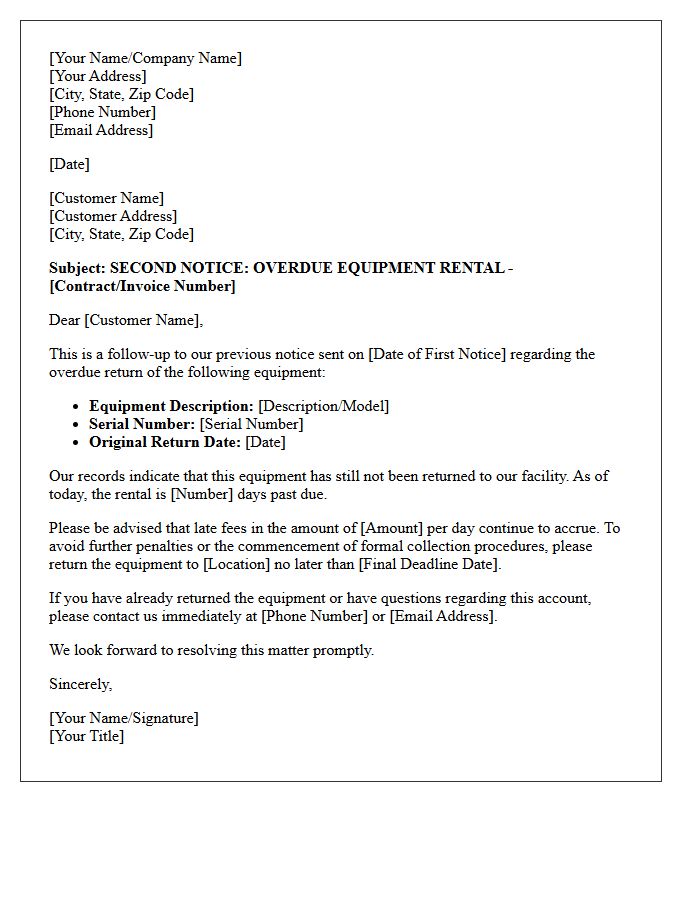 Follow Up Letter For Second Overdue Equipment Rental Notice