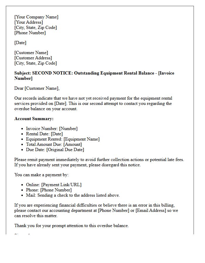 Outstanding Equipment Rental Balance Second Notification Letter