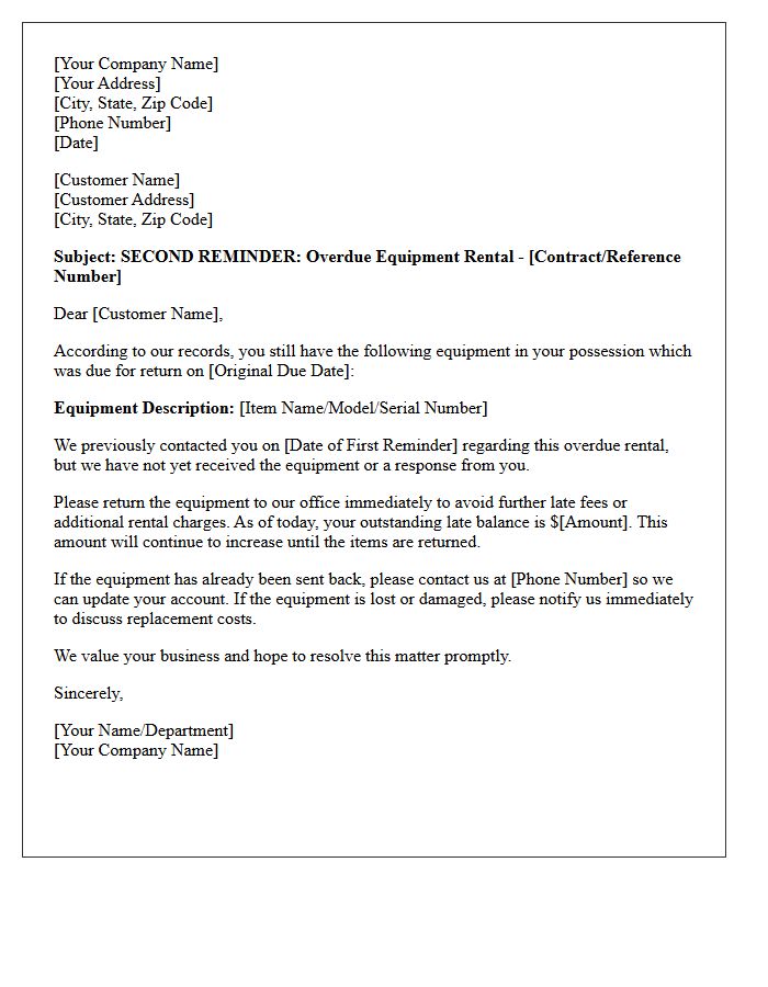 Overdue Equipment Rental Second Reminder Letter