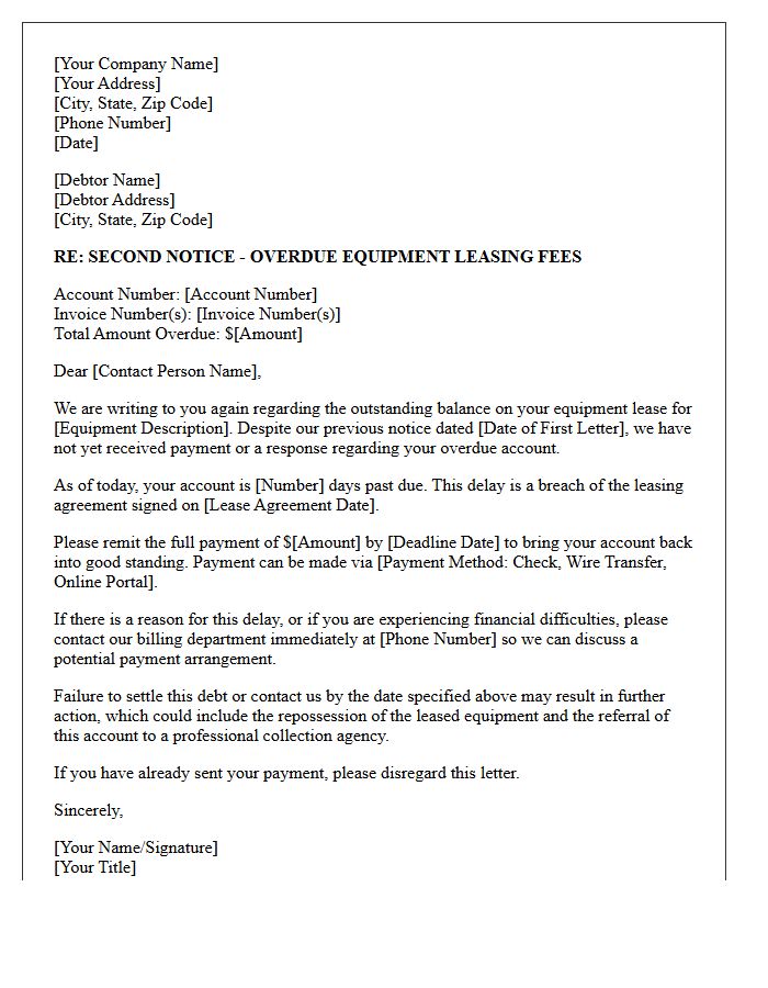 Second Debt Collection Letter For Unpaid Equipment Leasing Fees