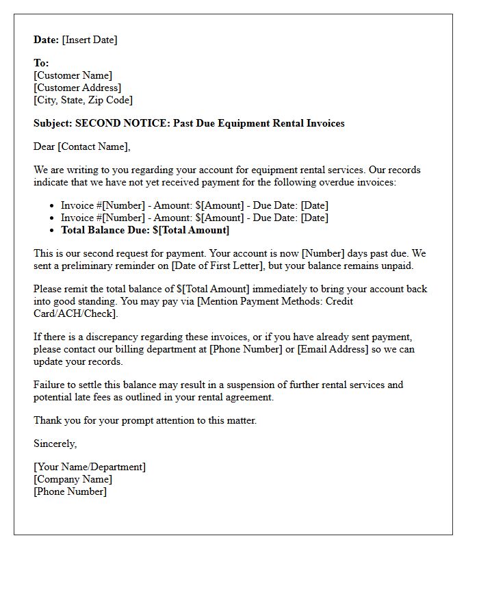 Second Delinquency Letter For Unpaid Equipment Rental Invoices