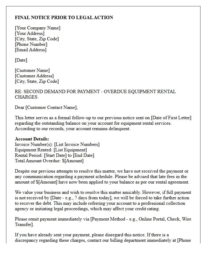 Second Demand Letter For Overdue Equipment Rental Charges