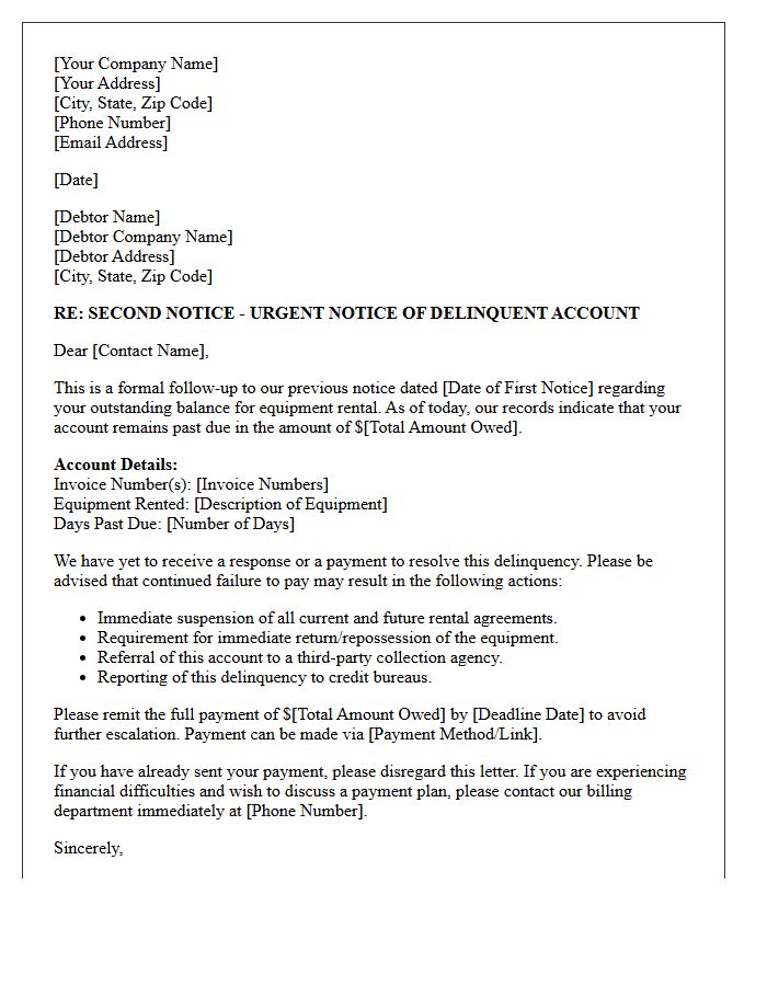 Second Escalation Letter For Delinquent Equipment Rental Payments