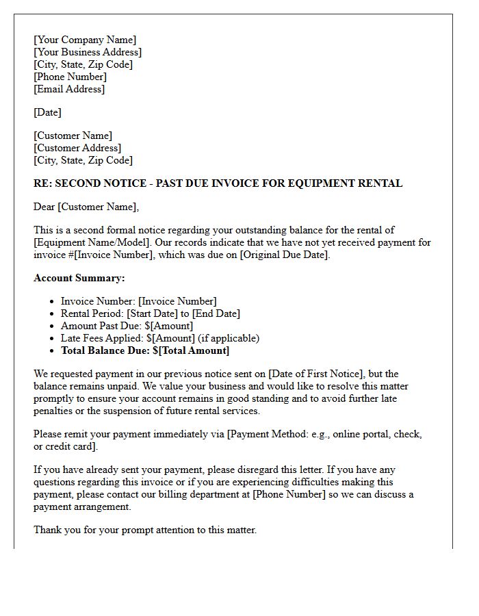 Second Notice Letter For Past Due Equipment Rental Account