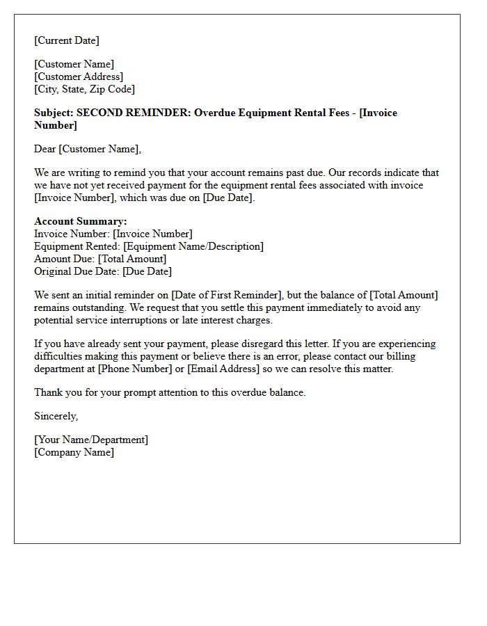 Second Reminder Letter For Overdue Equipment Rental Fees