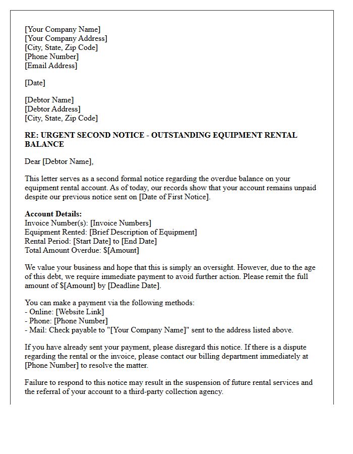 Urgent Second Notice Letter Regarding Outstanding Equipment Rental Debt