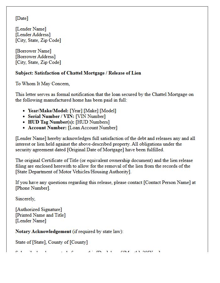Subject Regarding Manufactured Home Chattel Mortgage Satisfaction Letter