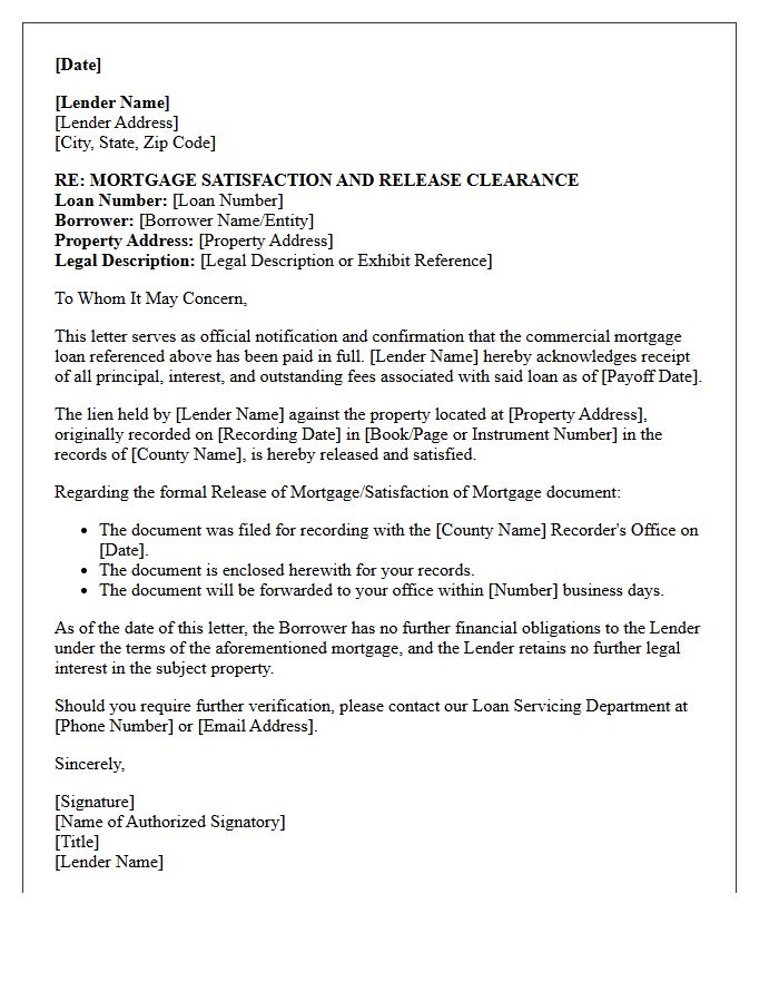 Commercial Mortgage Satisfaction Clearance Letter