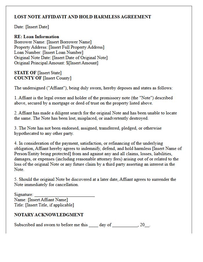 Hold Harmless Letter for Lost Mortgage Note