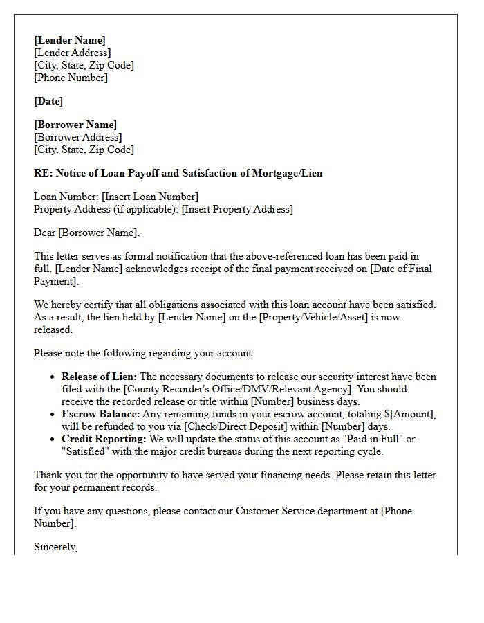 Lender Letter of Loan Payoff and Satisfaction