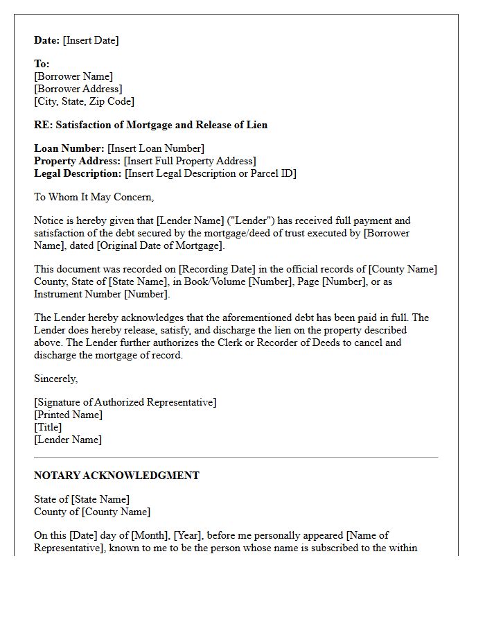 Letter of Lien Release and Mortgage Satisfaction