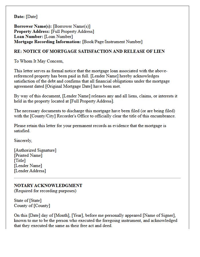 Letter of Mortgage Satisfaction and Release