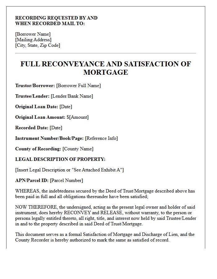 Letter of Reconveyance and Mortgage Satisfaction