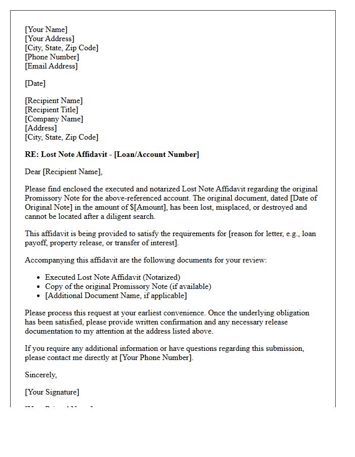 Lost Note Affidavit Cover Letter