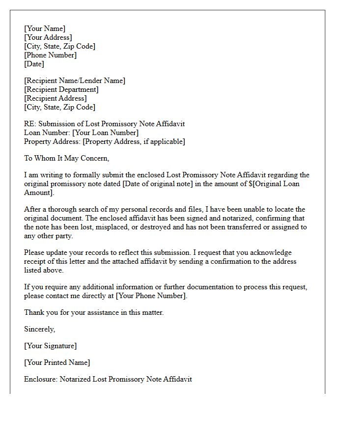 Lost Promissory Note Affidavit Submission Letter