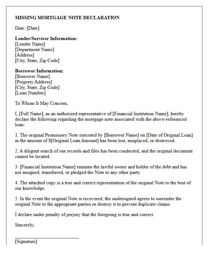 Missing Mortgage Note Declaration Letter