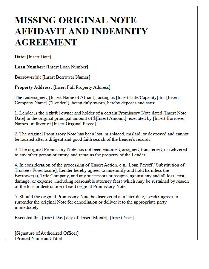 Missing Original Note Affidavit Indemnity Letter