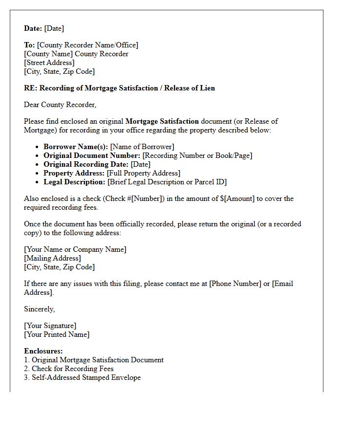 County Recorder Mortgage Satisfaction Filing Letter