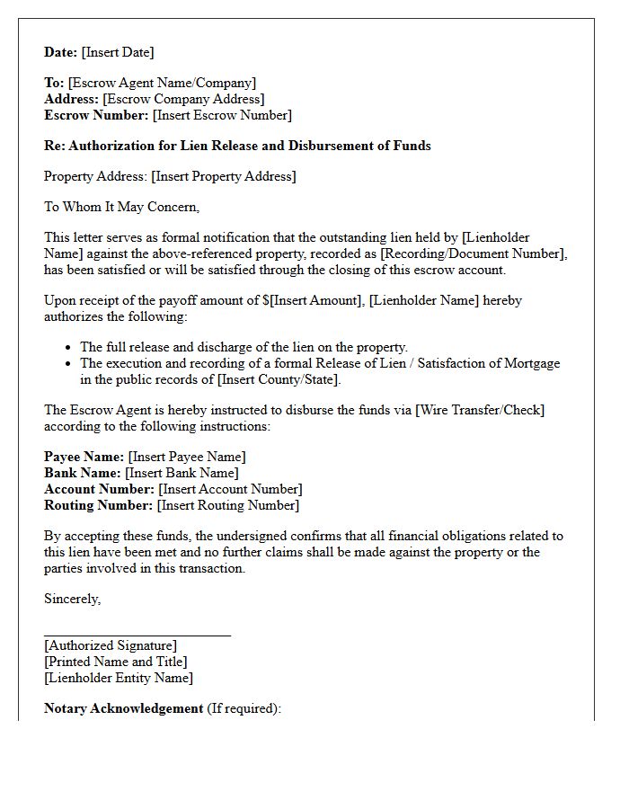 Lien Release and Escrow Disbursement Letter