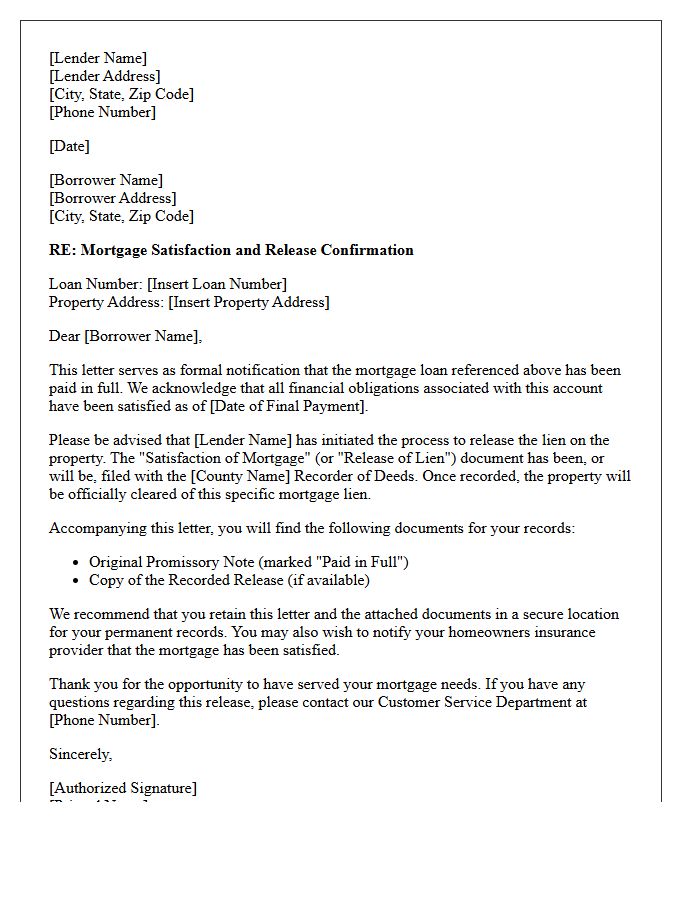 Mortgage Satisfaction and Release Confirmation Letter