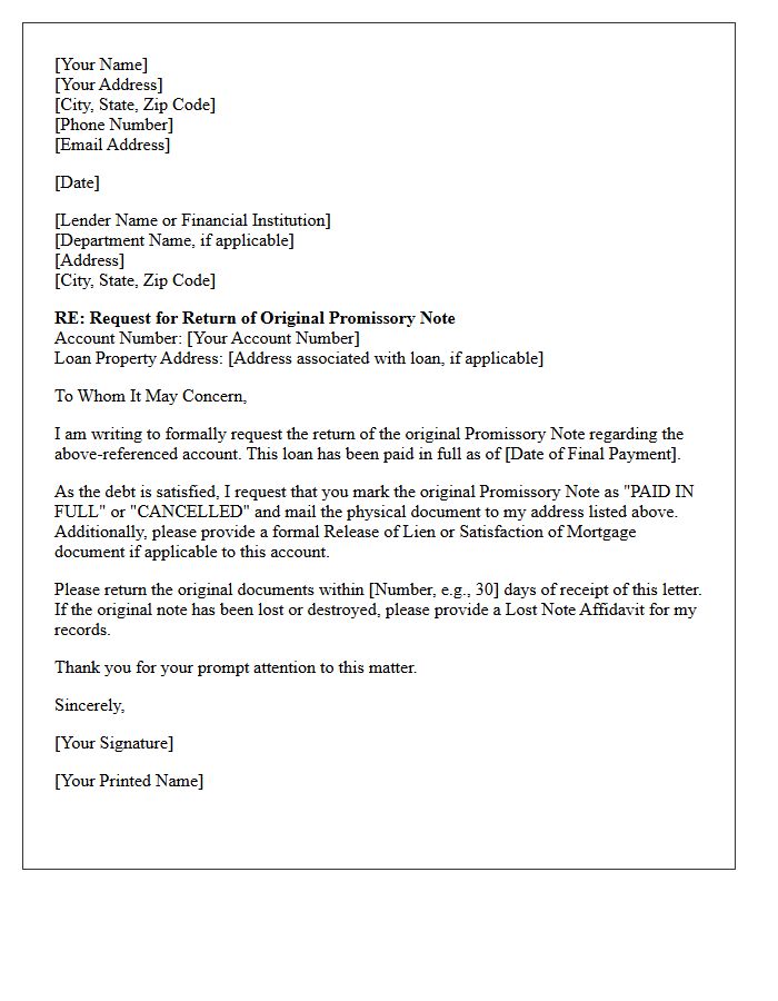 Return of Original Promissory Note Letter