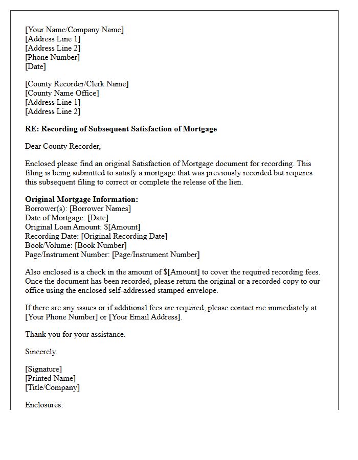 Subsequent Satisfaction of Mortgage Transmittal Letter